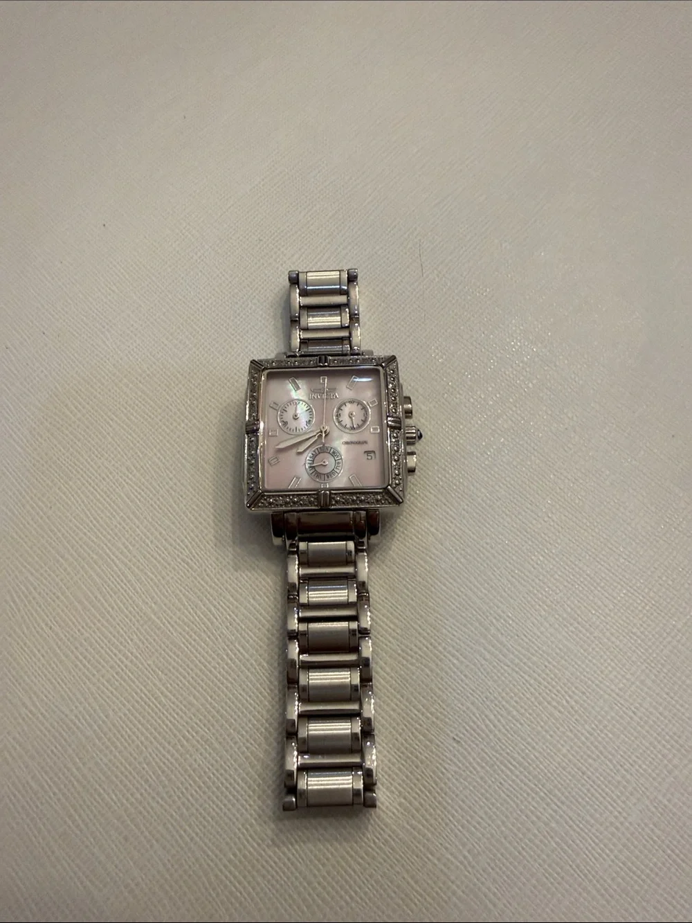 Invicta Silver Stainless Steel Square Chronograph Watch with Pink Dial